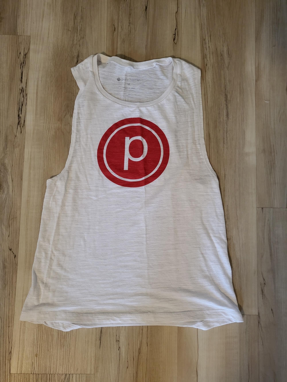 Pure Barre White Tank with Red Circular Logo